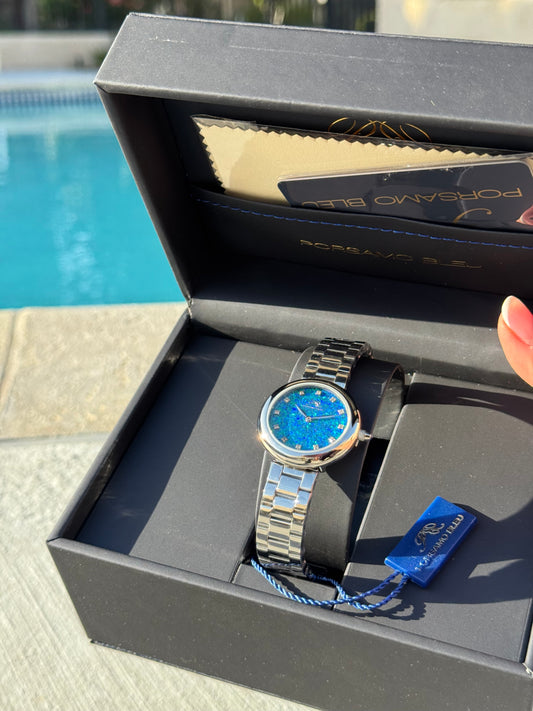 Porsamo Bleu Genevieve Luxury Women's Satin Leather Watch, Silver, White